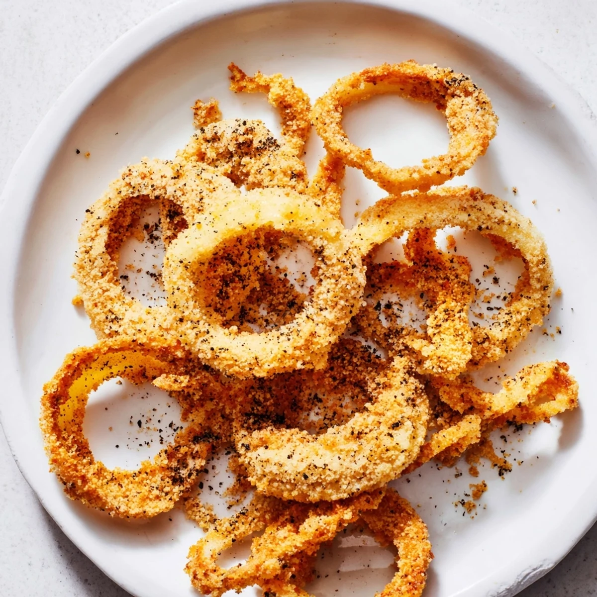 Close-up of golden brown crispy onion pieces, perfect as a crunchy salad topping.