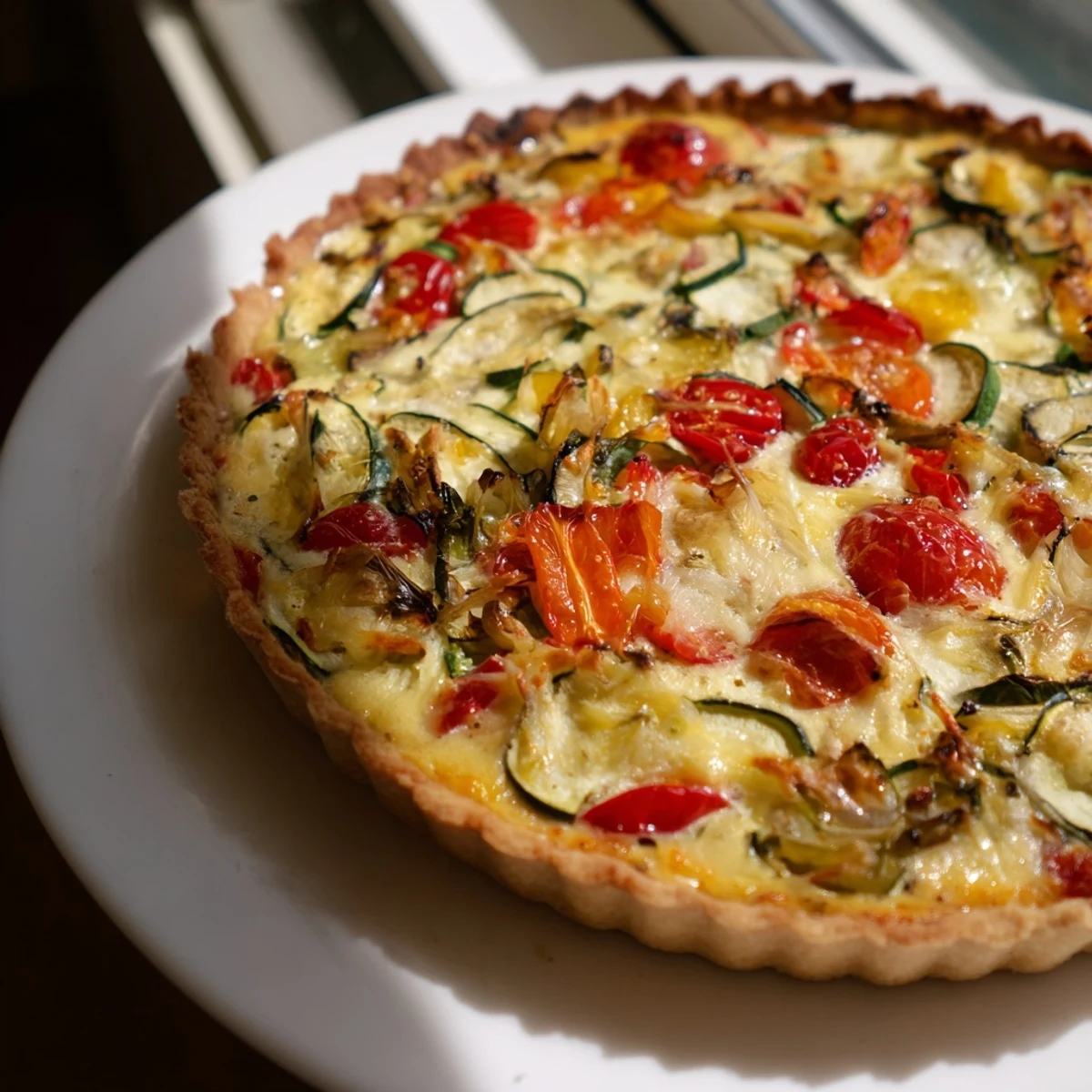 Golden savory tart with creamy custard and sautéed veggies, a delicious brunch treat.