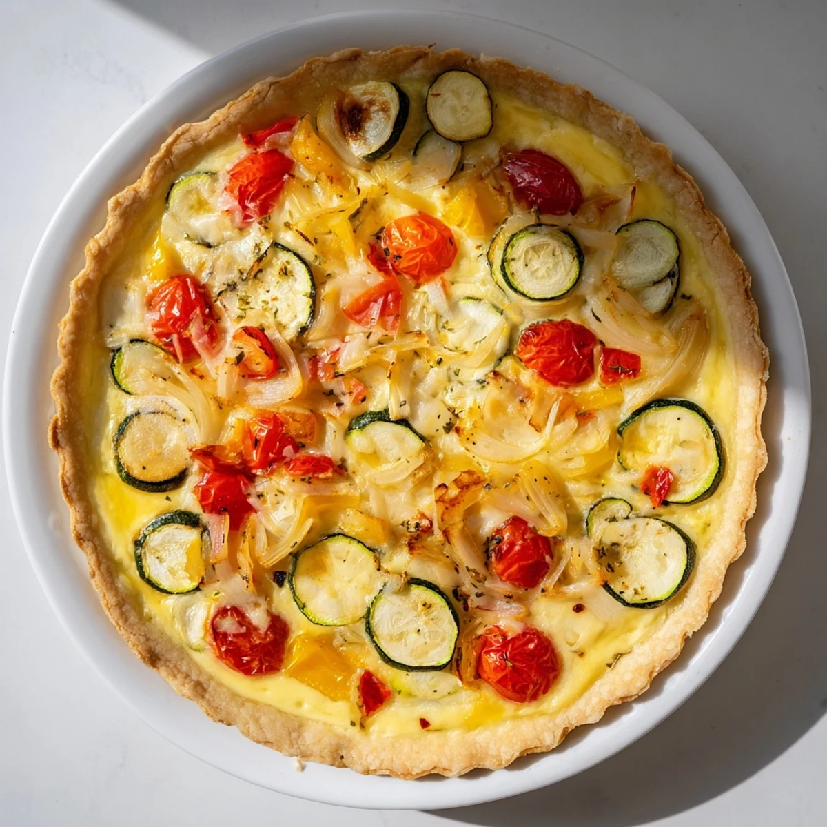 A close-up of a perfectly baked savory tart, featuring cheese bubbles and a flaky crust.