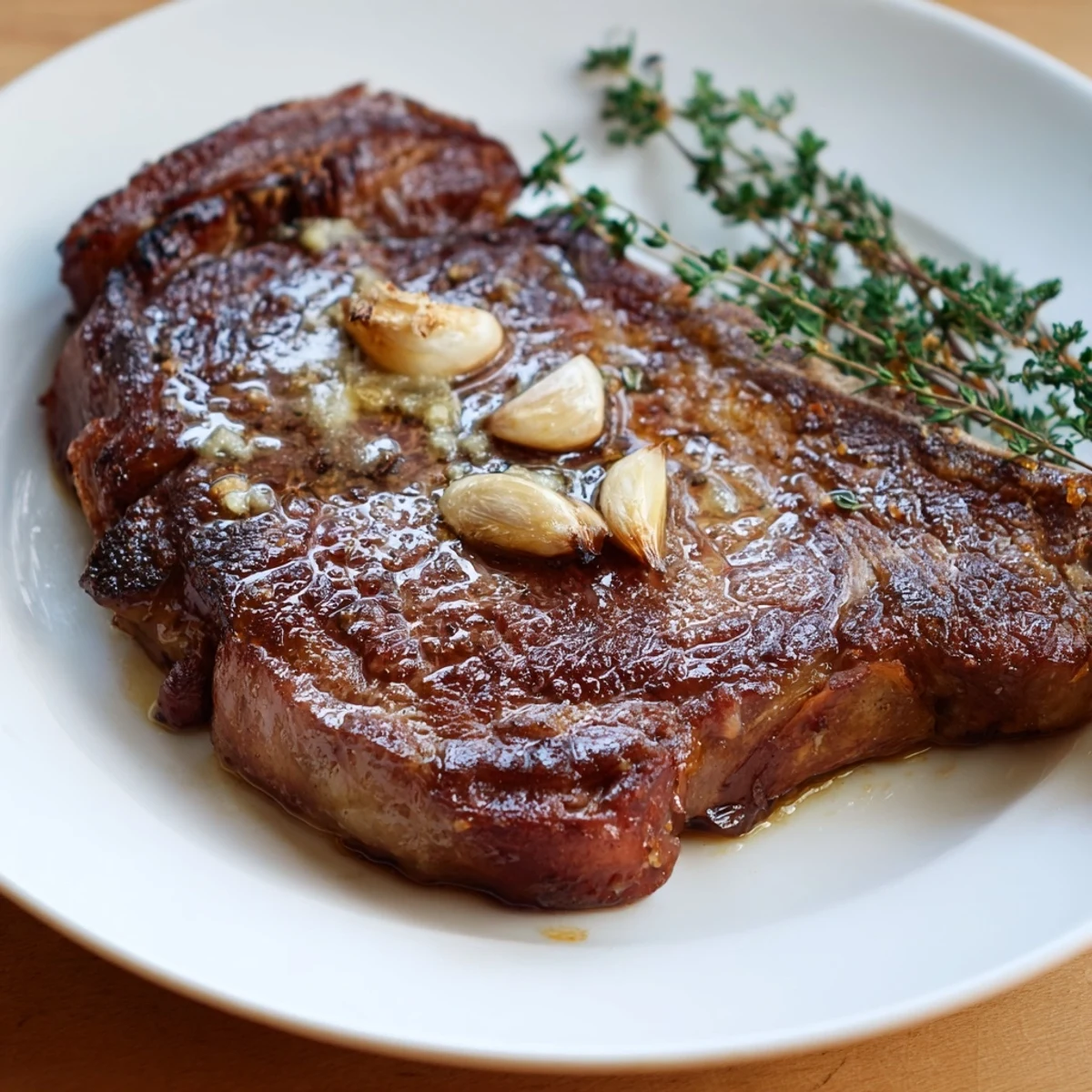Juicy, seared beef steak glistening, ready to cut: a classic, flavorful dinner served hot.