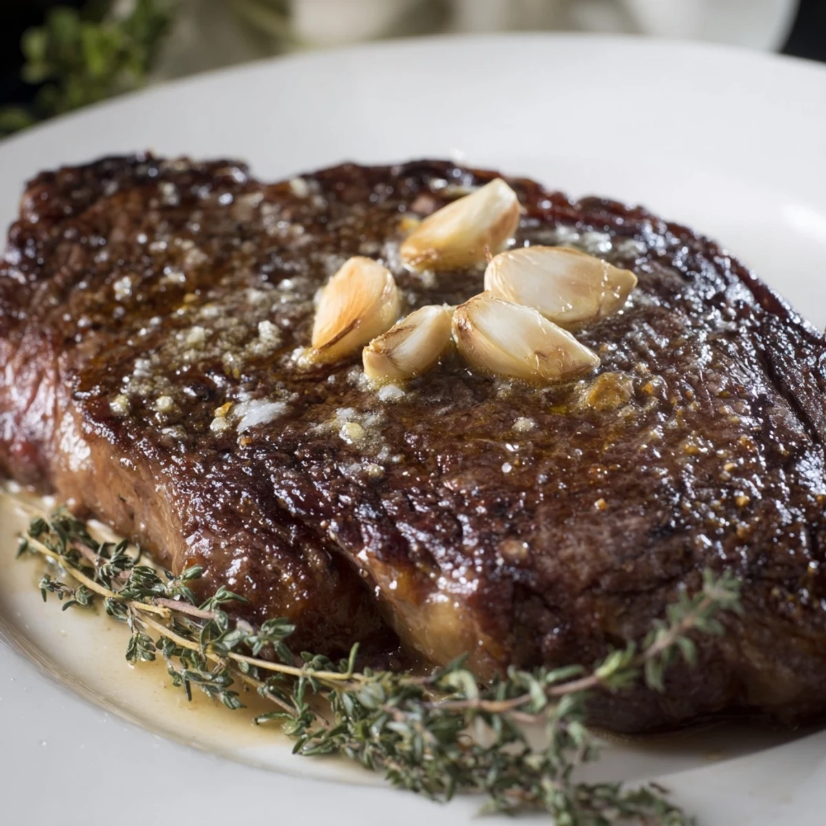 Perfectly cooked beef steak, featuring a tender, flavorful bite with garlic and herbs.