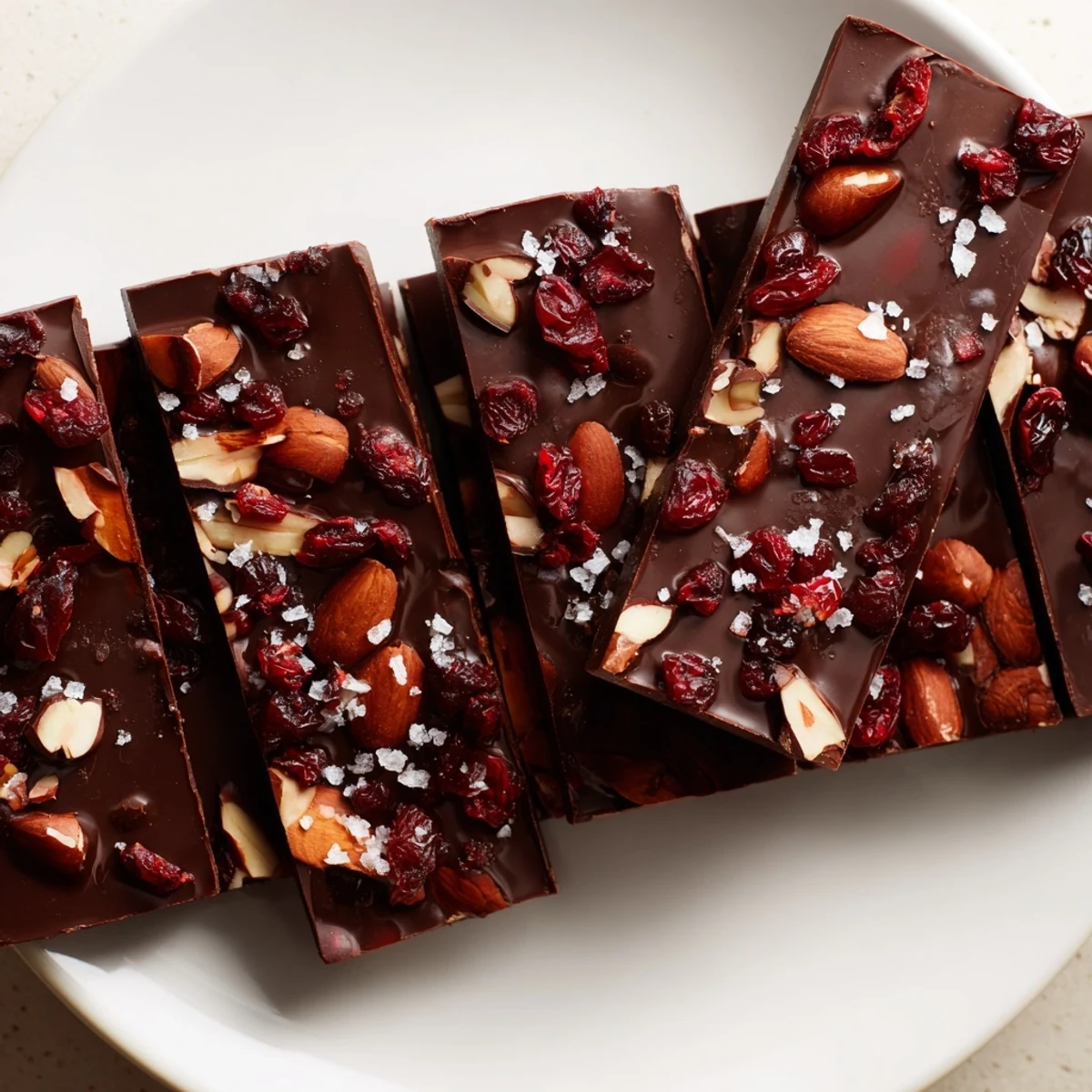 Glistening, homemade chocolate bar, studded with nuts and sea salt, ready to be enjoyed.