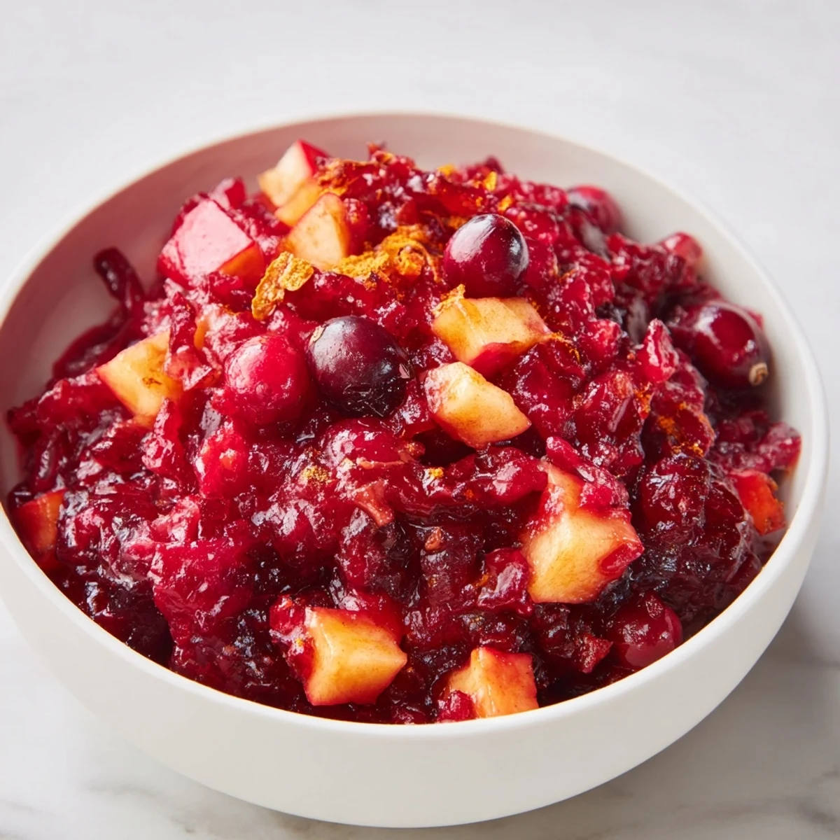 A close-up of glossy, chunky cranberry jam, perfect served alongside cheese for a delicious snack.