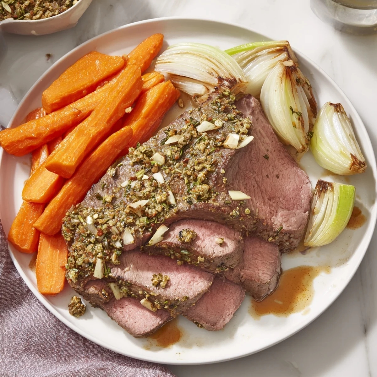 Golden-brown roasted beef, aromatic herbs and a classic meal for a special occasion.