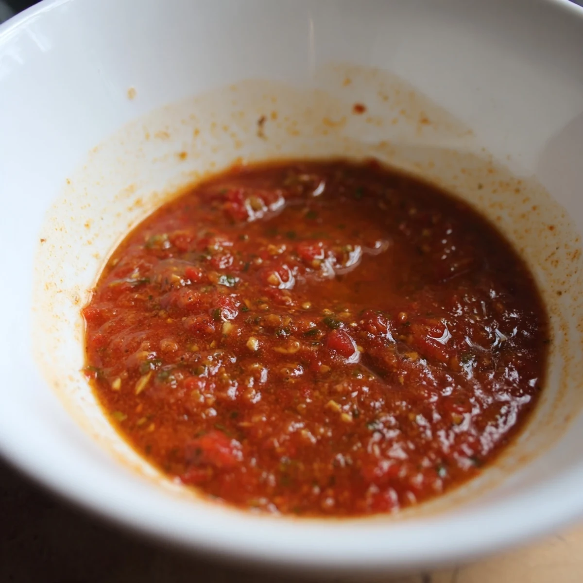 Freshly made garlic sauce, beautifully presented in a white bowl with herbs for garnish and dipping.