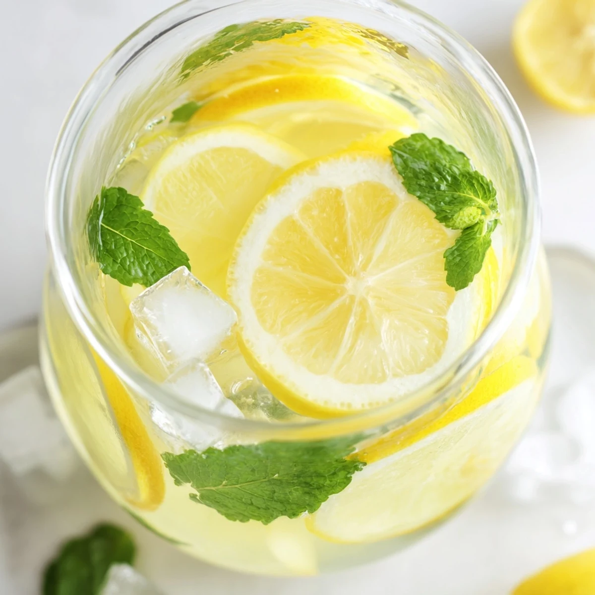Crisp view of ice-filled lemon water, the perfect hydration solution for a sunny day.