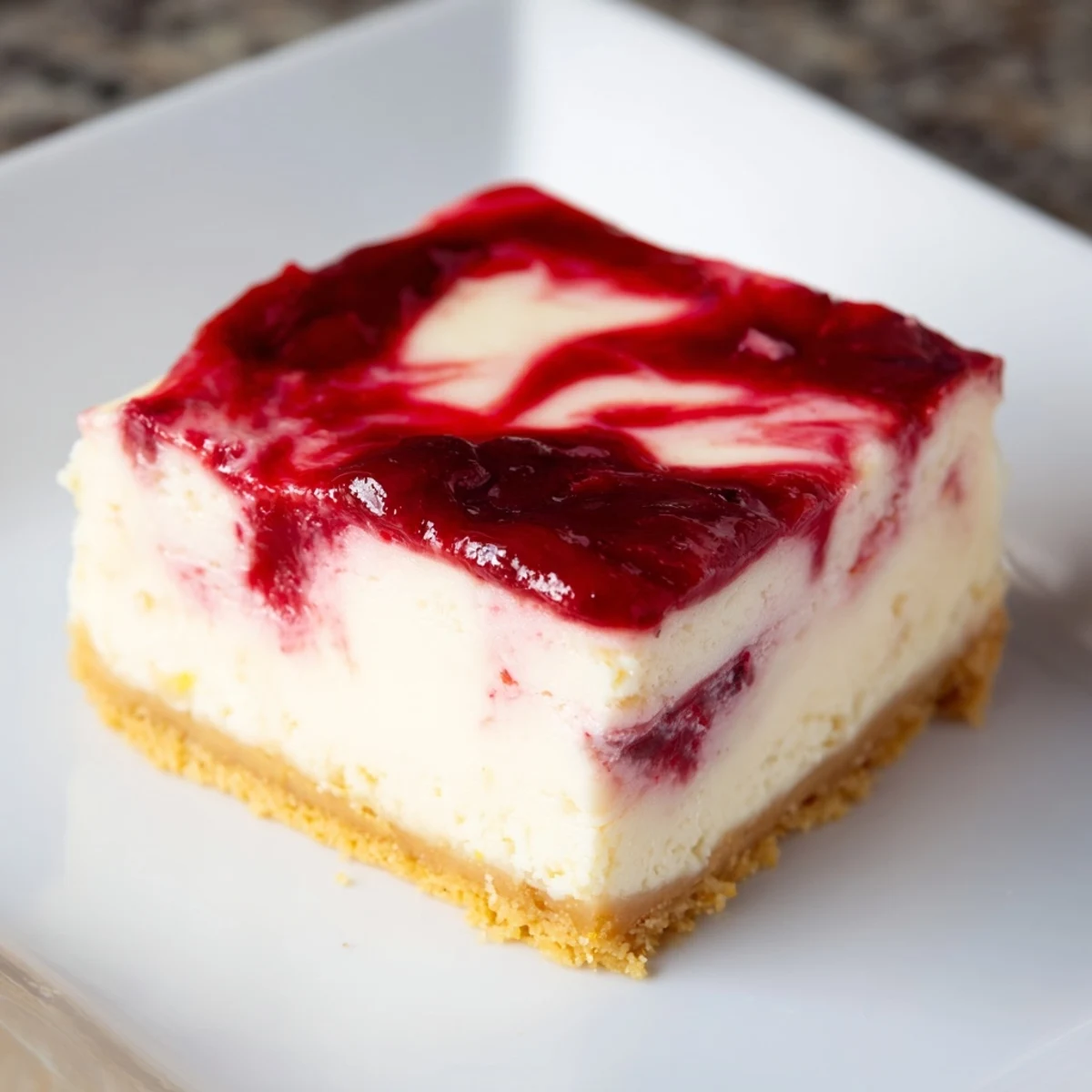 Golden-yellow Lemon Raspberry Cheesecake Bars offer a delightful combination of sweet and tart flavors.