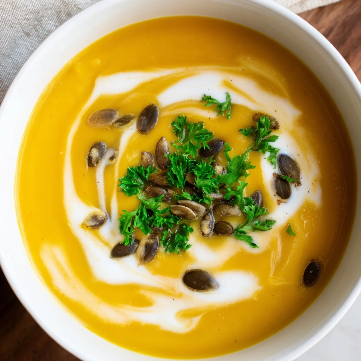 A swirl of creamy Butternut Squash and Apple Soup, garnished with toasted pumpkin seeds.