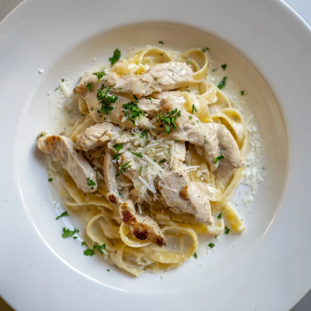 Golden-brown creamy chicken Alfredo pasta on a white plate, ready to be enjoyed.