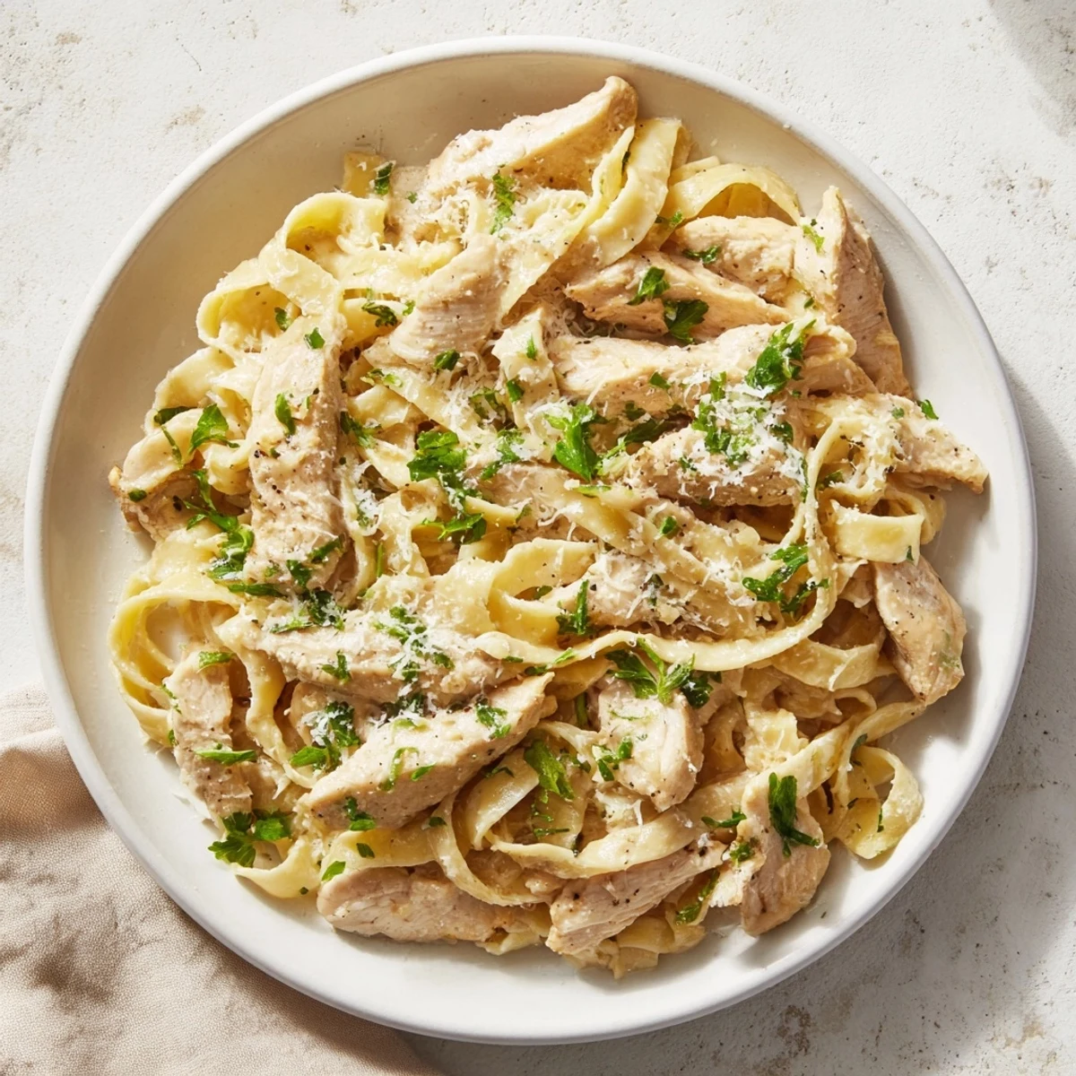 Delicious creamy chicken Alfredo with fresh parsley garnish, perfect for a comforting Italian dinner.