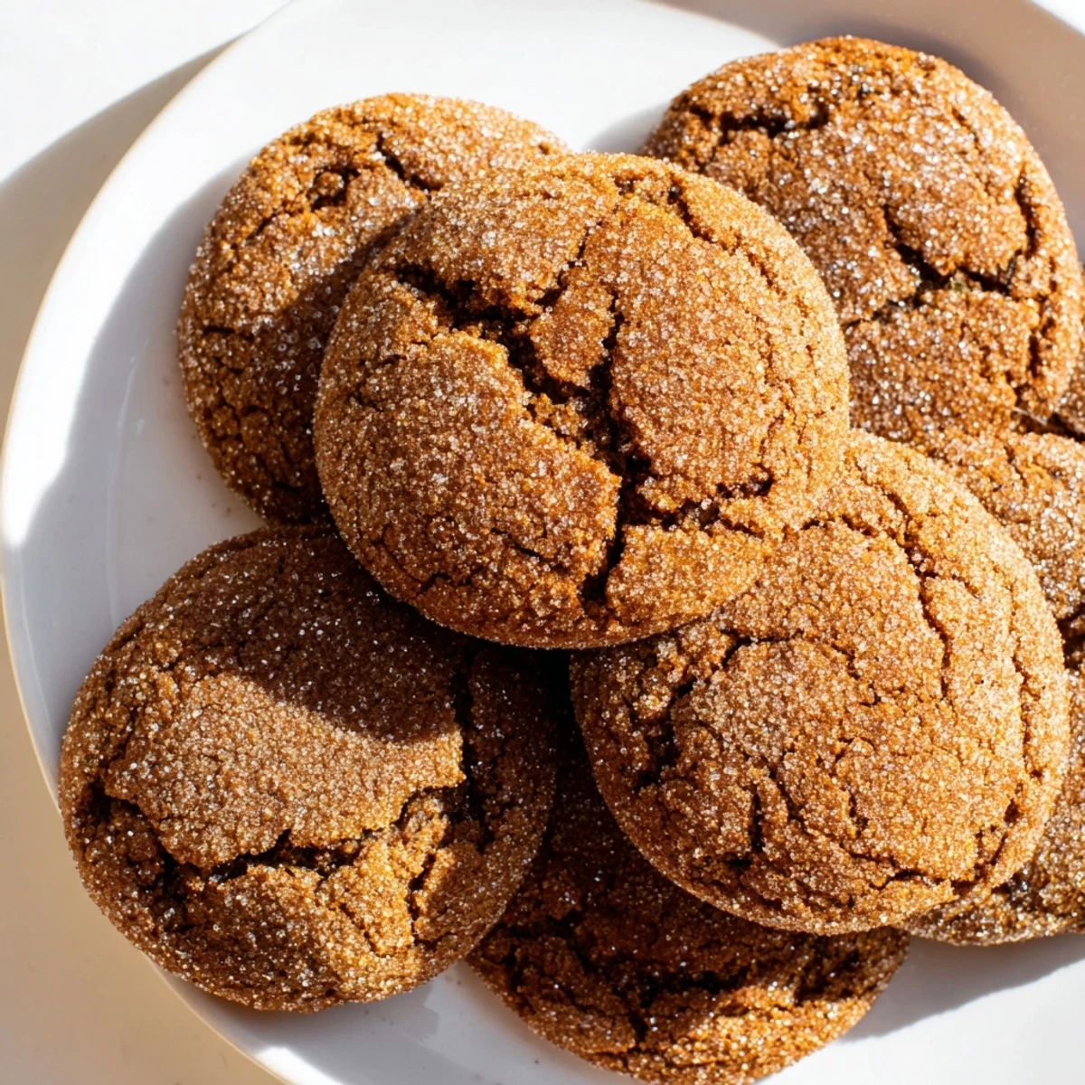 A plate of soft, chewy spiced molasses cookies with glistening, sugar-coated exteriors.