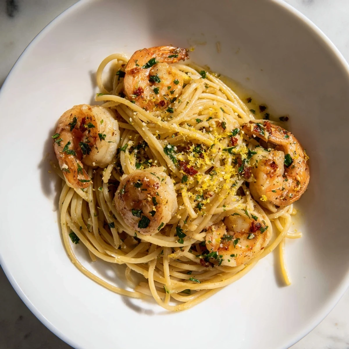 A close-up shot of rich Garlic Butter Shrimp Pasta, the tender shrimp coated in a luscious sauce.