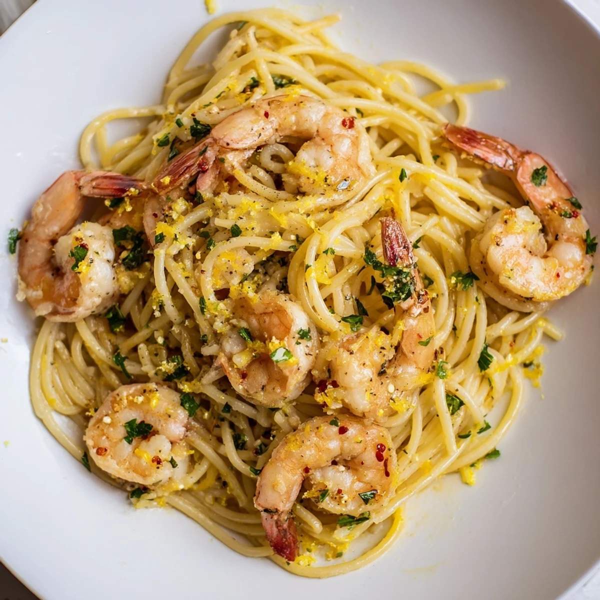Golden brown Garlic Butter Shrimp Pasta with a sprinkle of fresh parsley and a lemon wedge.