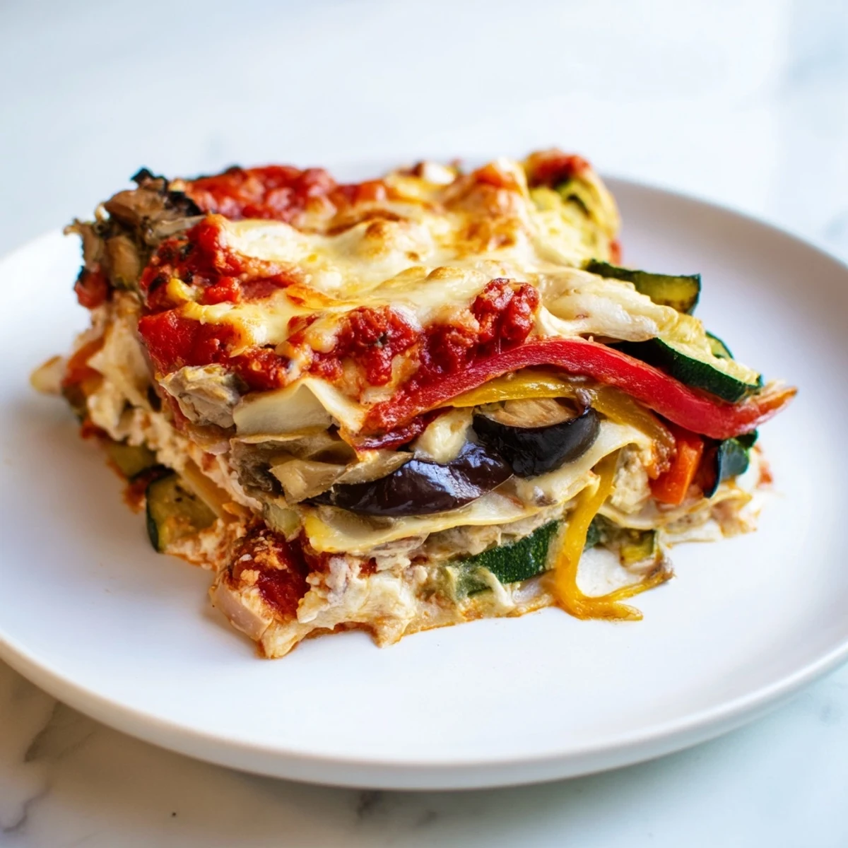 Golden, bubbling Roasted Vegetable Lasagna with layers of roasted vegetables and melted cheese.