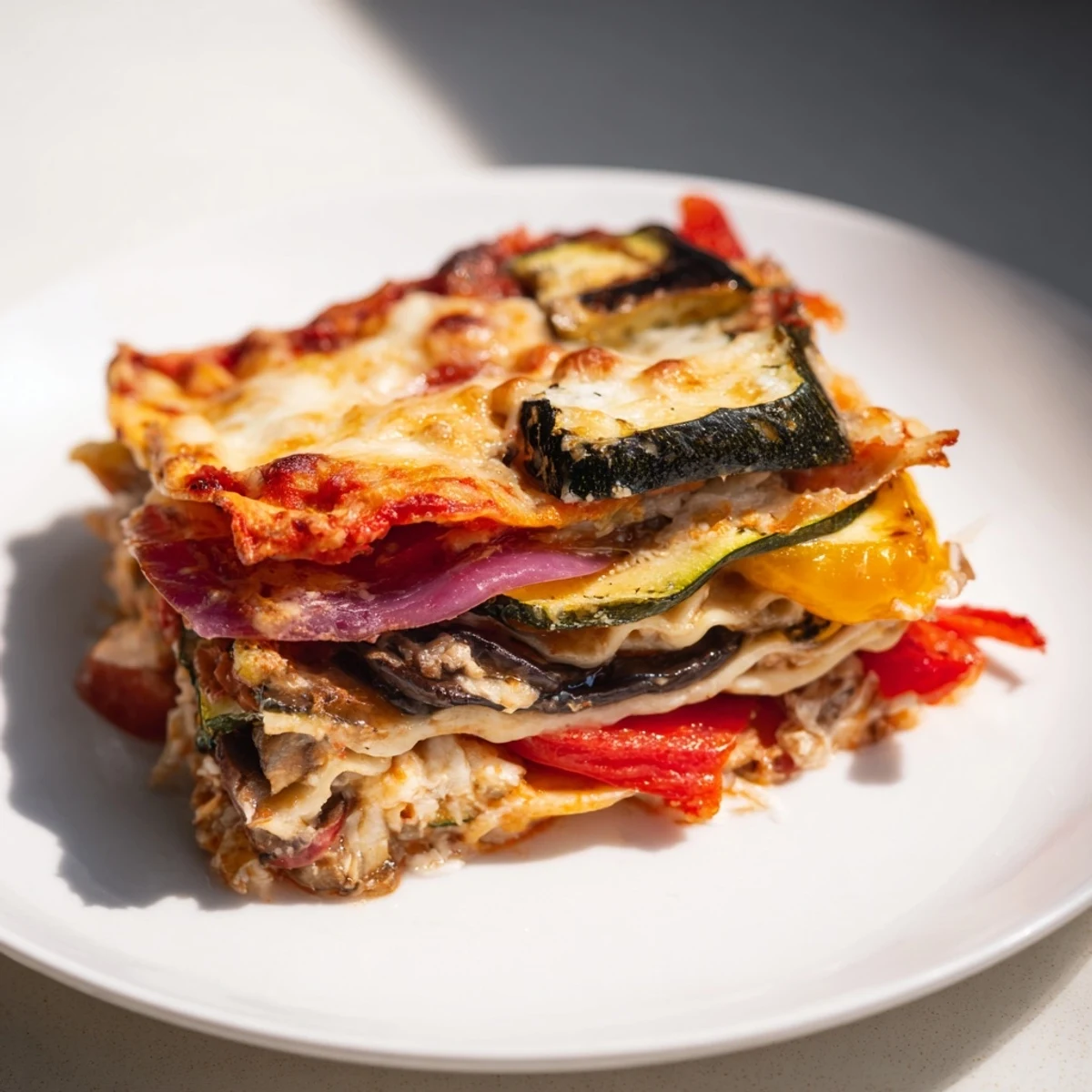 A close-up view of a hearty Roasted Vegetable Lasagna, perfect for a vegetarian dinner.