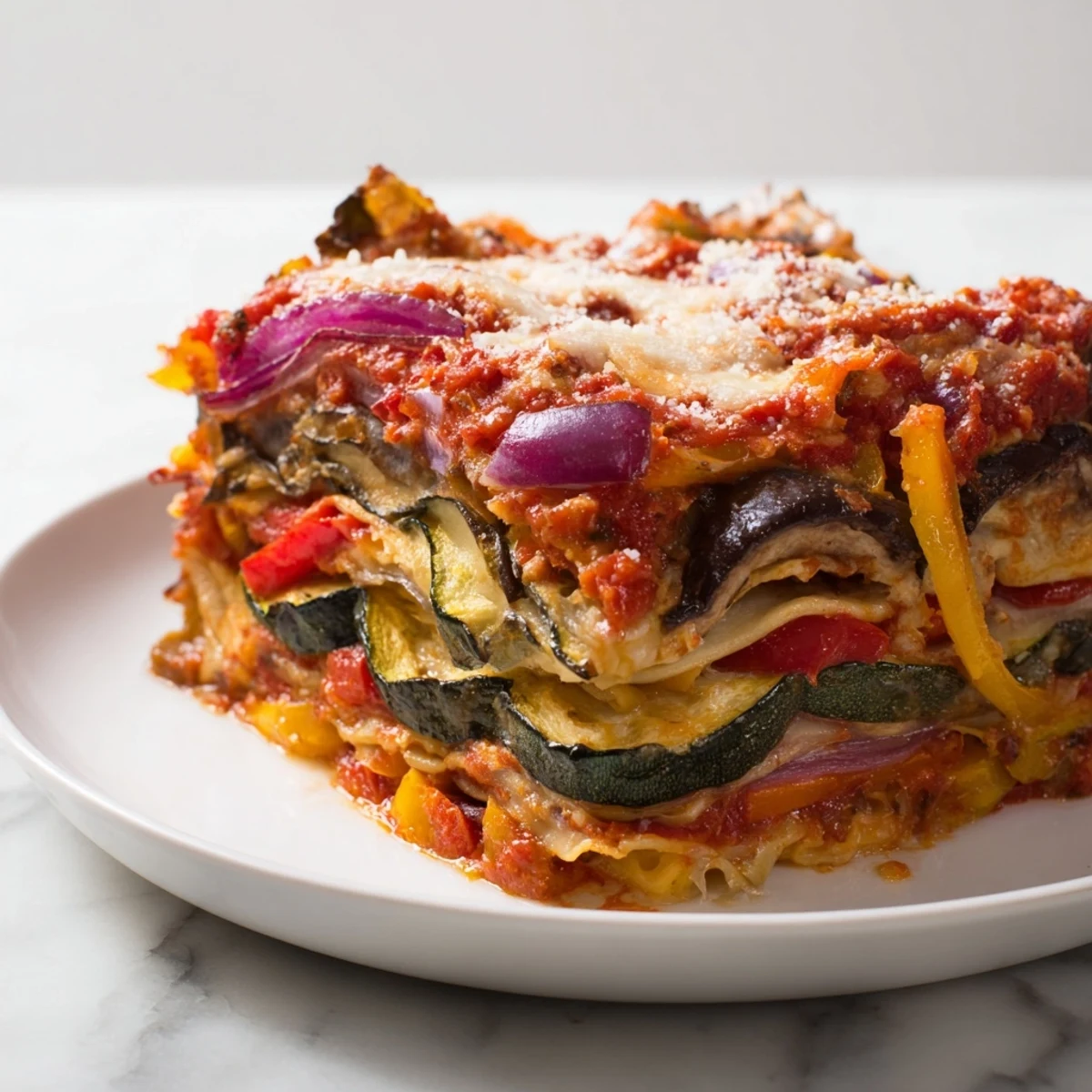 Freshly baked Roasted Vegetable Lasagna: a comforting Italian dish with flavorful roasted vegetables.