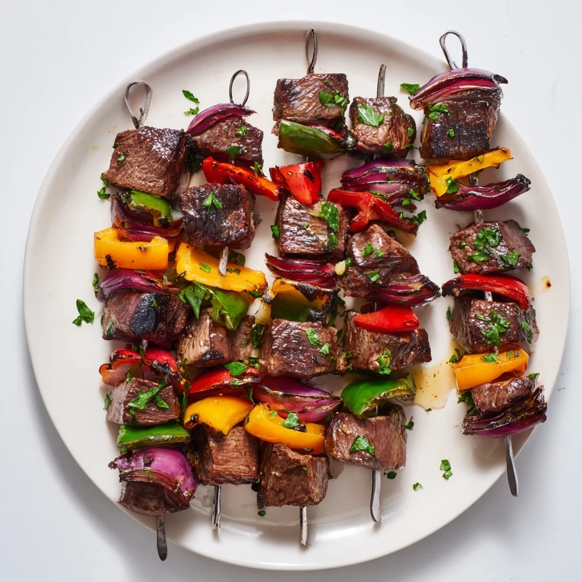 Juicy grilled beef kebabs with vibrant bell peppers, perfect for a flavorful summer cookout, ready to enjoy.