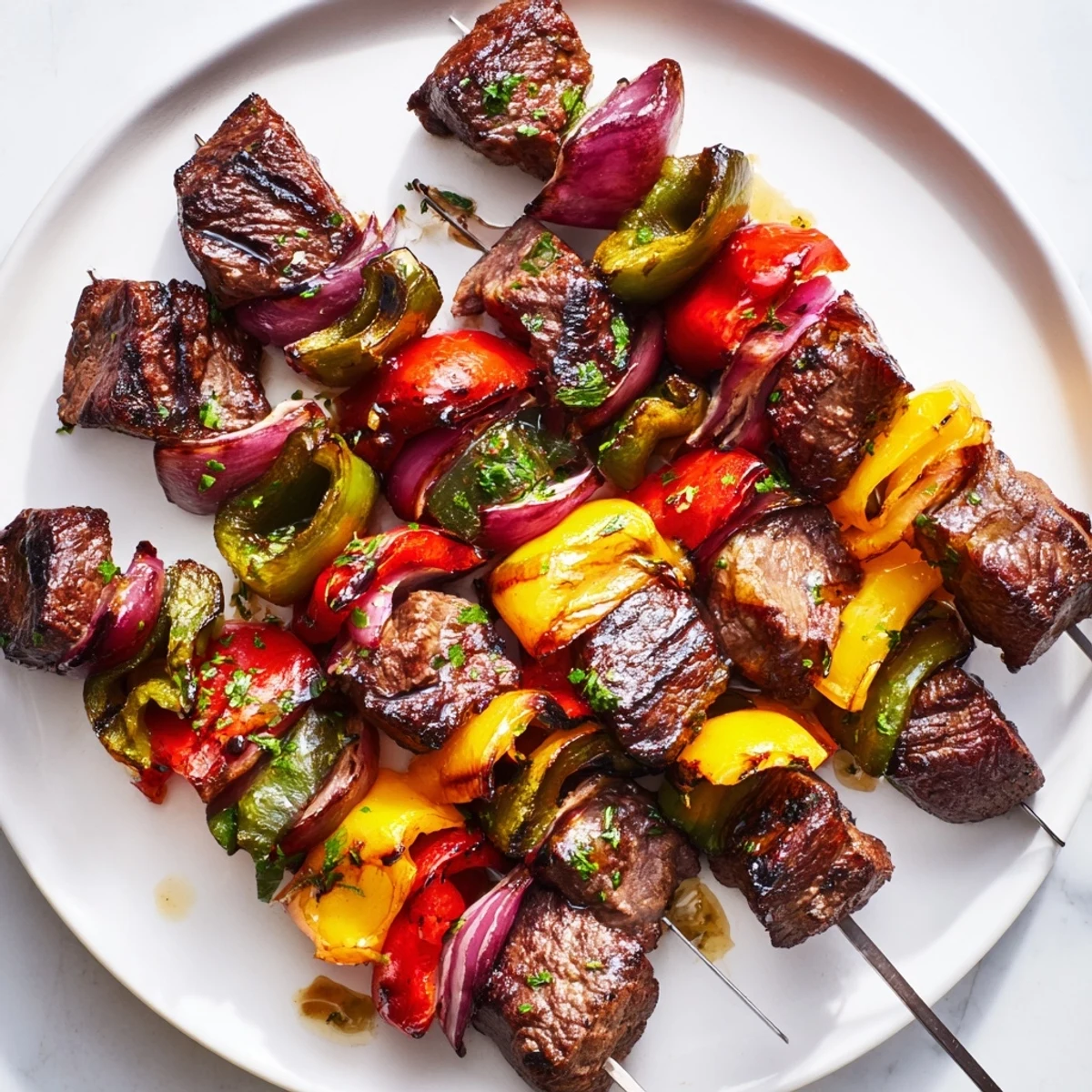 Skewered beef kebabs, sizzling on the grill, showcasing tender chunks of beef and colorful, roasted bell peppers.