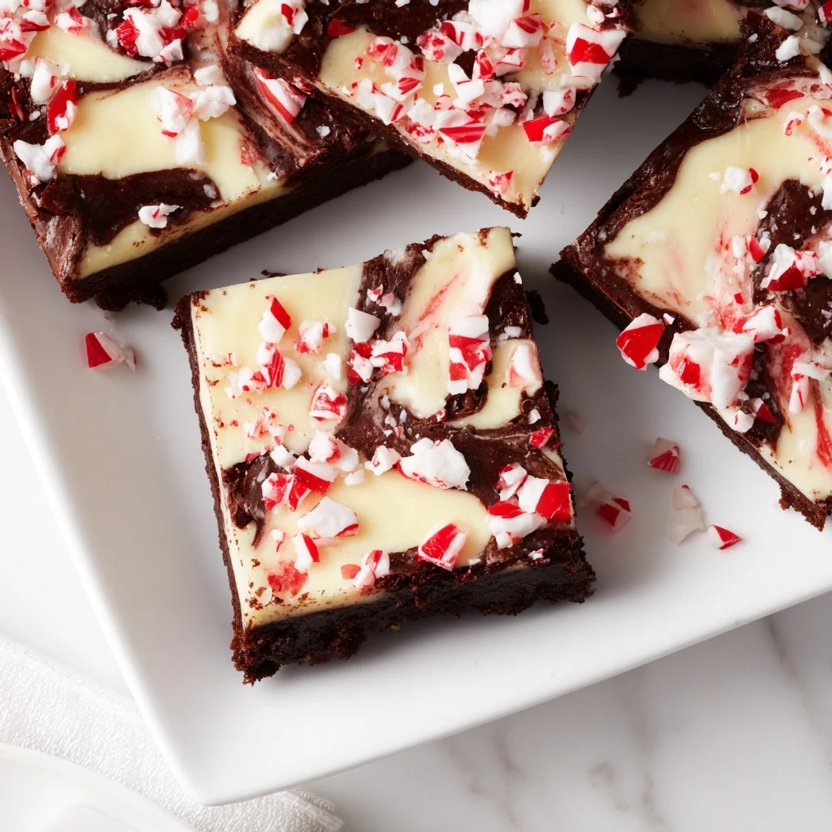 Festive peppermint cheesecake swirl bars, swirled with a fudgy brownie base, ready to eat.