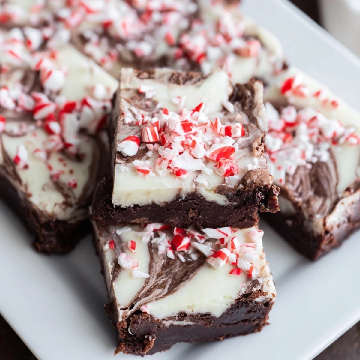 Close-up of peppermint cheesecake swirl bars: a layered dessert, perfect for any holiday celebration.