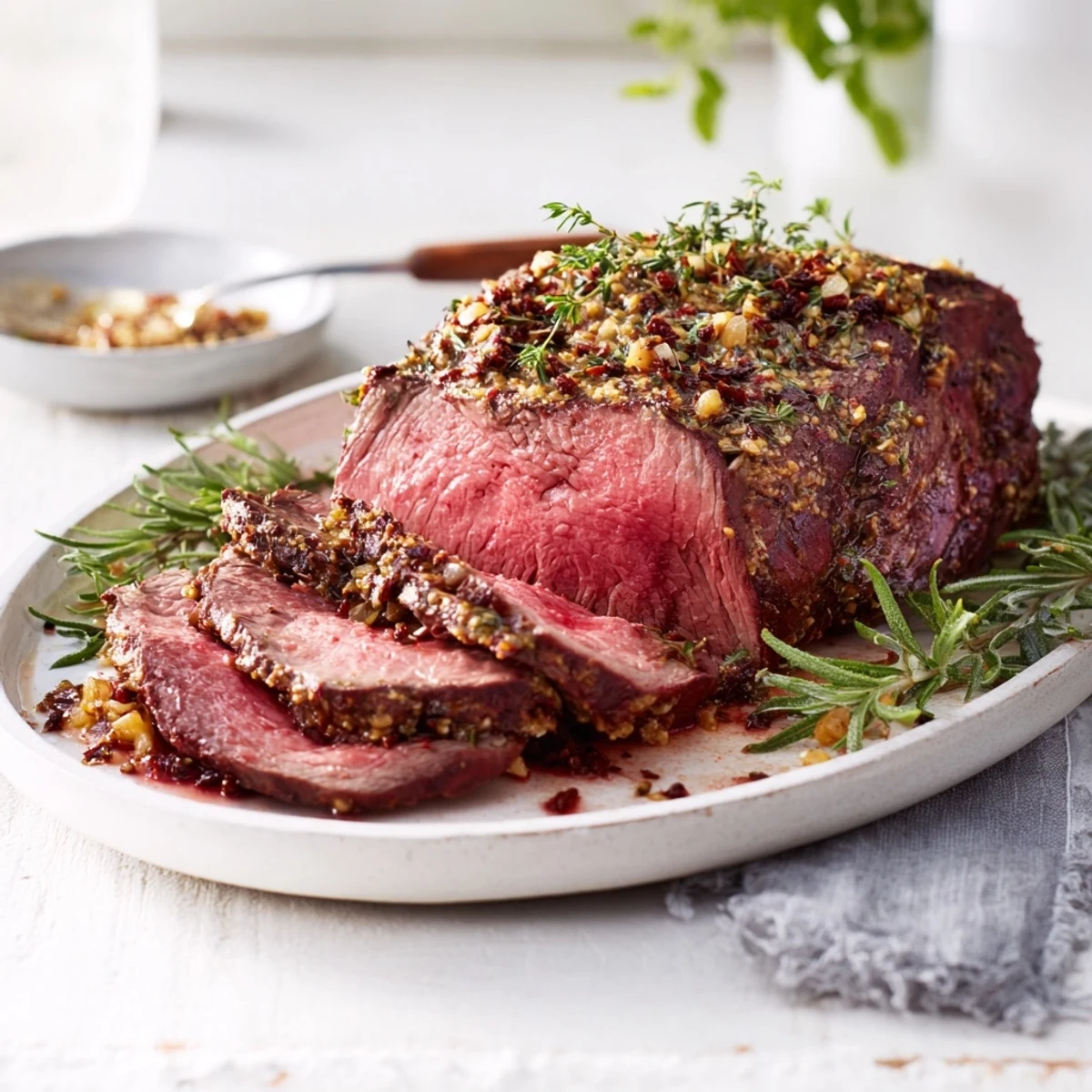 Juicy Herb Crusted Roast Beef, perfectly roasted and presented with delicious pan juices on a platter.