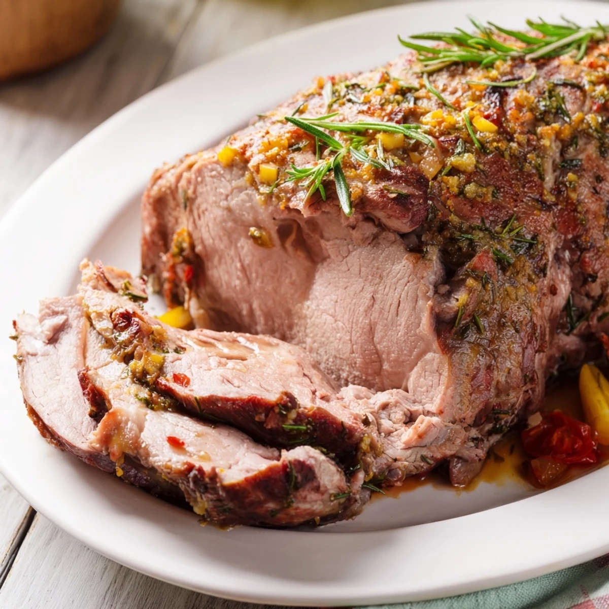 Close-up of golden brown Herb Crusted Roast Beef, showcasing a gorgeous herb-infused crust.