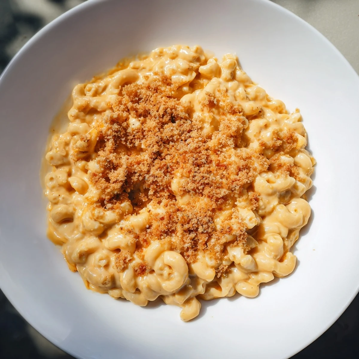 Warm, golden-baked butternut squash mac and cheese, ready to serve with a bubbly cheese top.