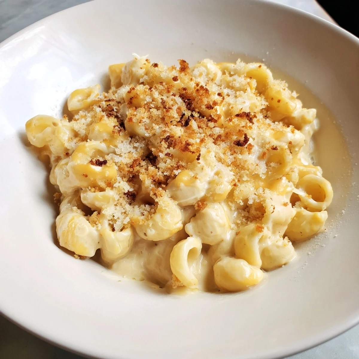 A close-up view of creamy butternut squash mac and cheese, brimming with cheesy goodness and herbs.