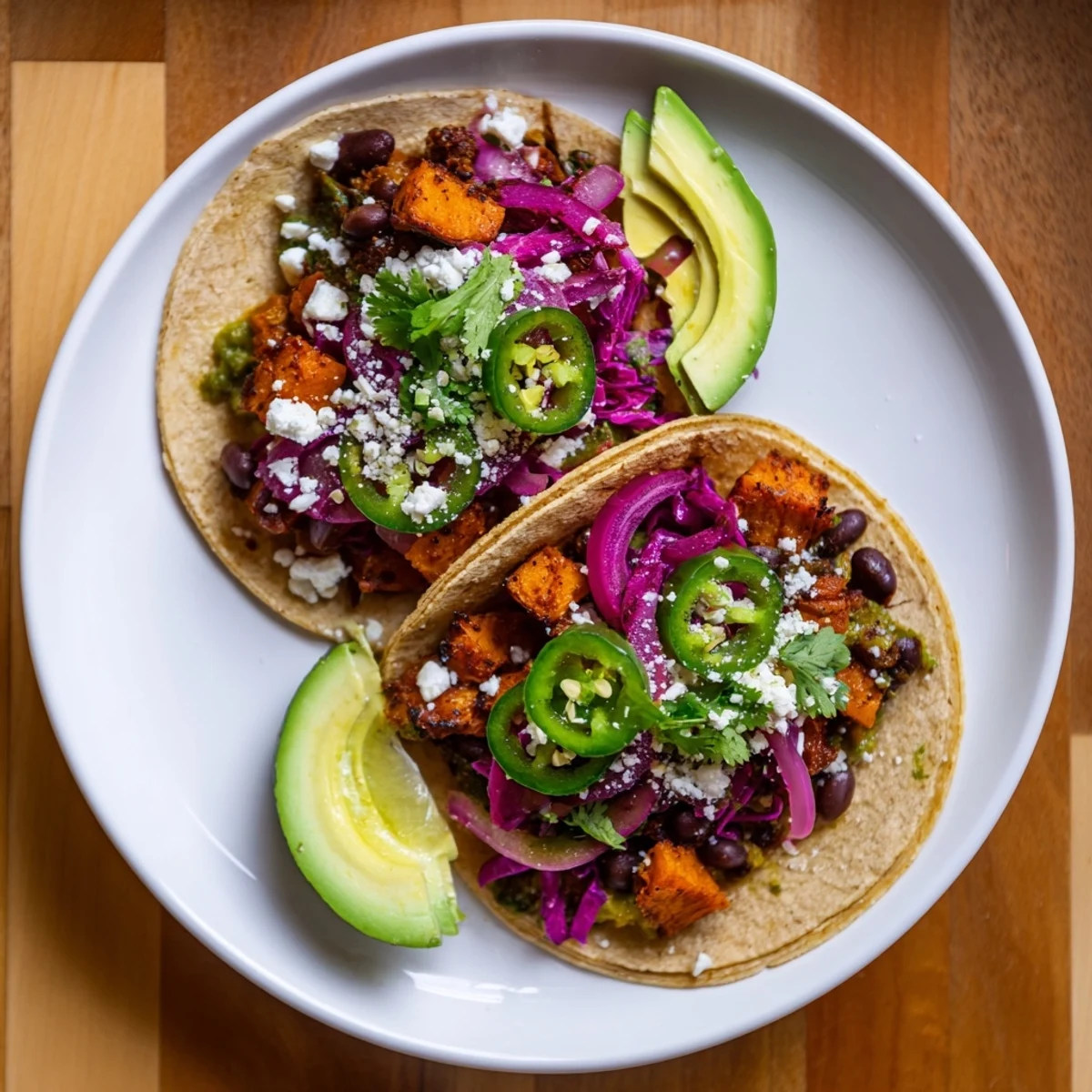 Golden brown Roasted Sweet Potato and Black Bean Tacos, overflowing with fresh toppings and savory flavors.