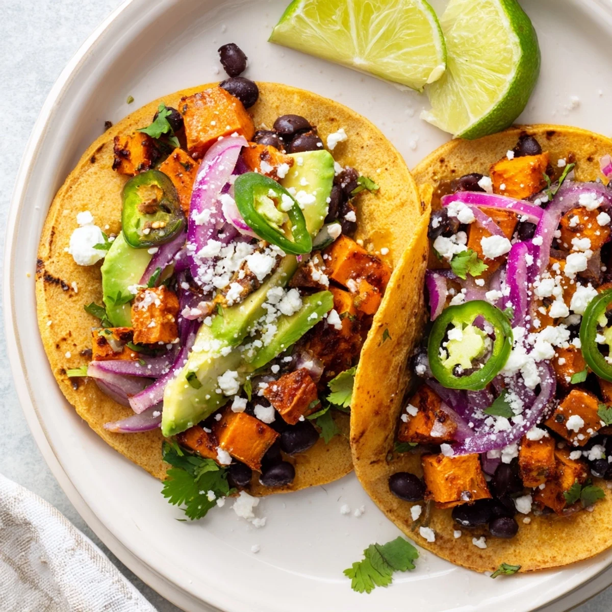 A close-up of delicious Roasted Sweet Potato and Black Bean Tacos with lime wedges, perfect for sharing.