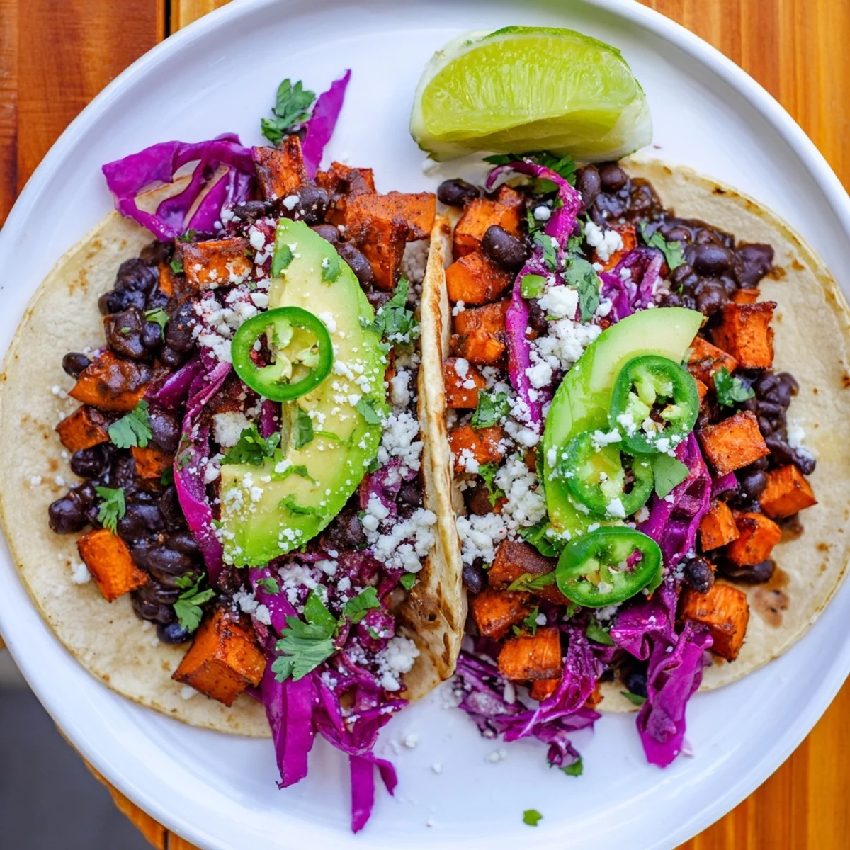 Homemade Roasted Sweet Potato and Black Bean Tacos, showcasing the vibrant colors and textures of a vegetarian meal.