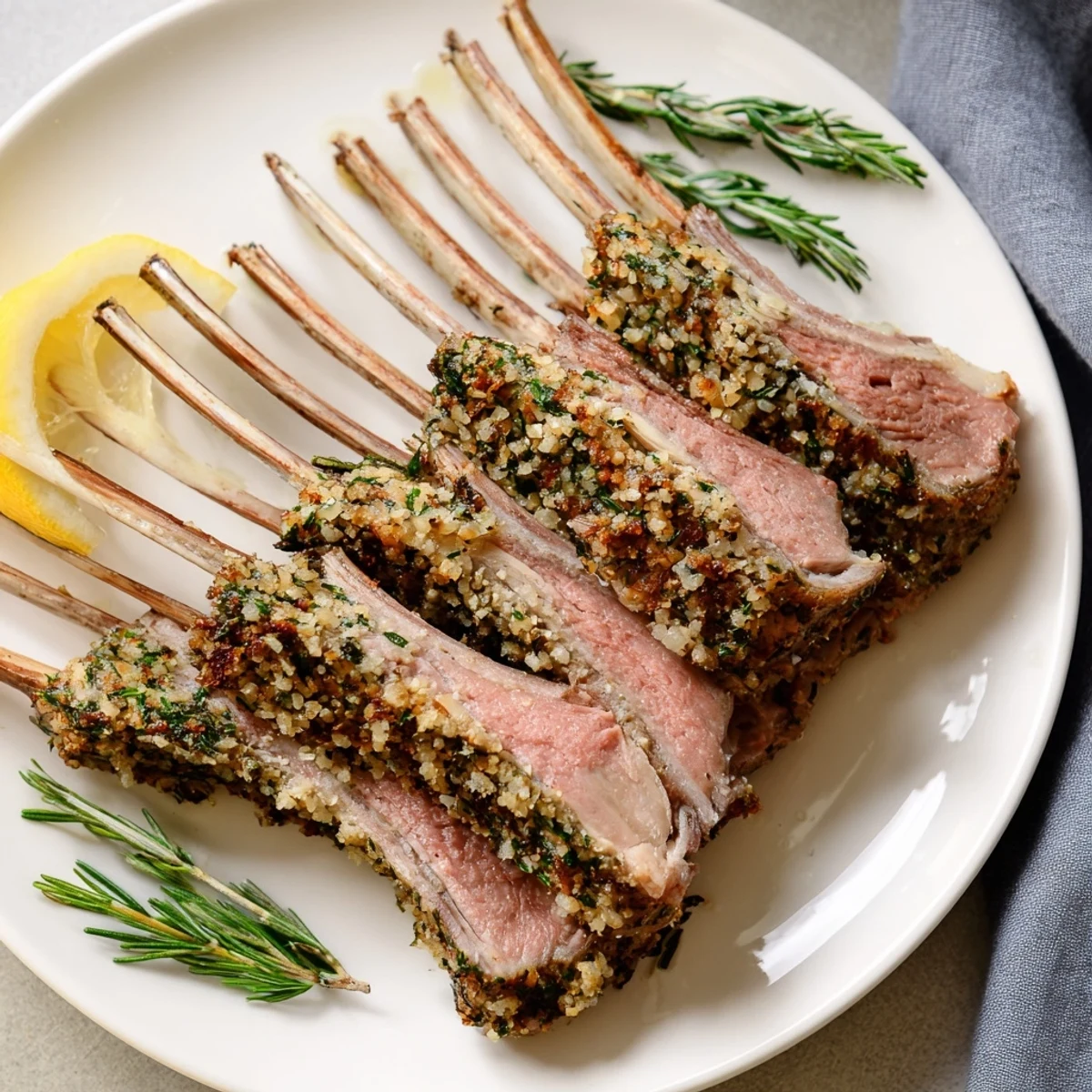 Herb Roasted Lamb Racks, perfectly cooked, a flavorful Mediterranean main dish, ready to be served.