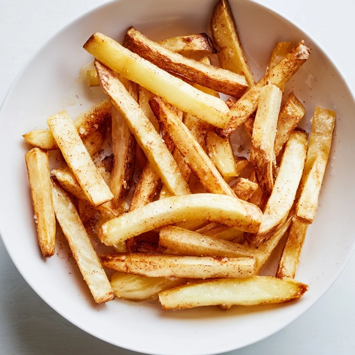 Close-up of perfectly golden, crispy oven baked French fries, seasoned and ready to eat, a perfect side.