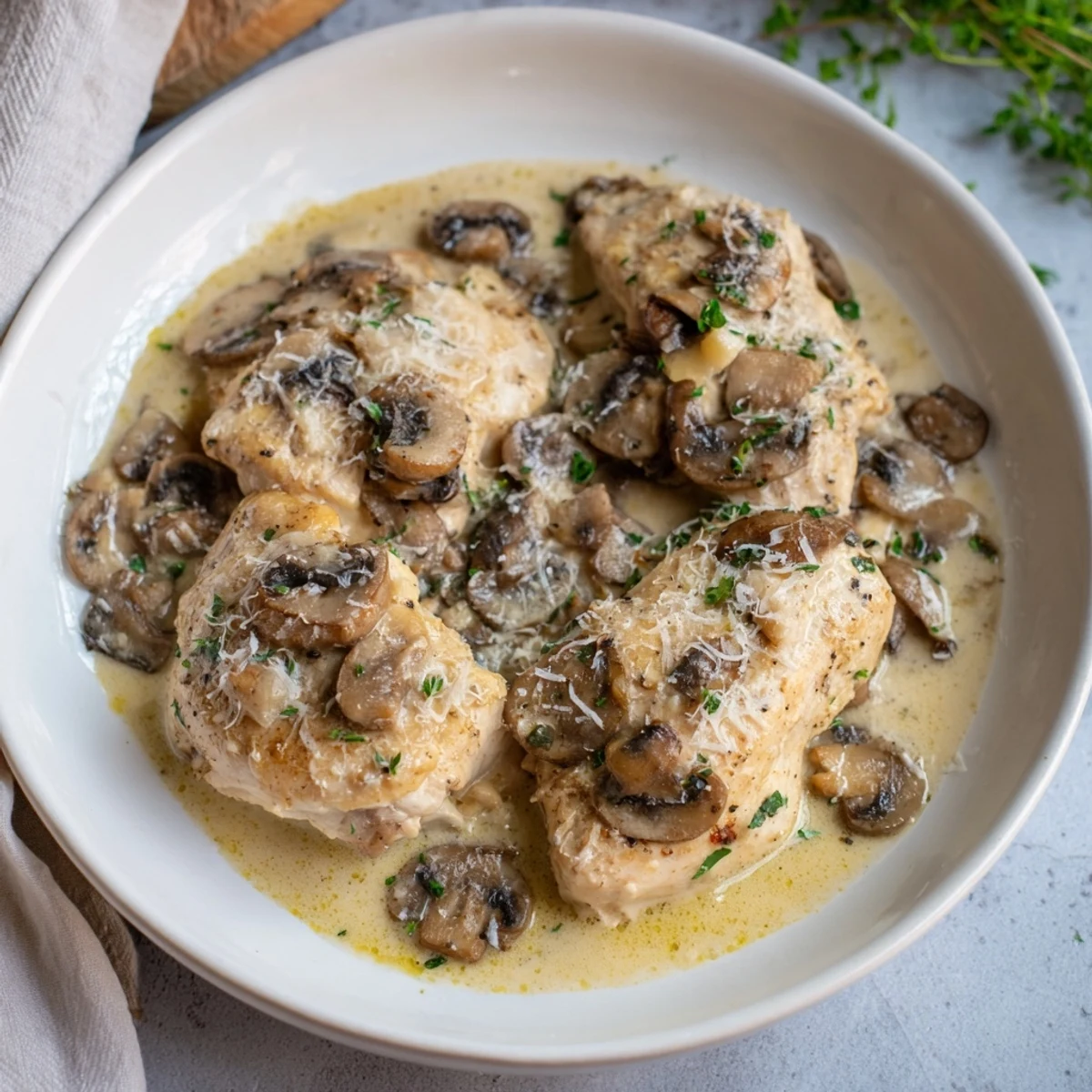 Creamy Garlic Mushroom Chicken featuring tender chicken coated in a rich, flavorful sauce, ready to serve.