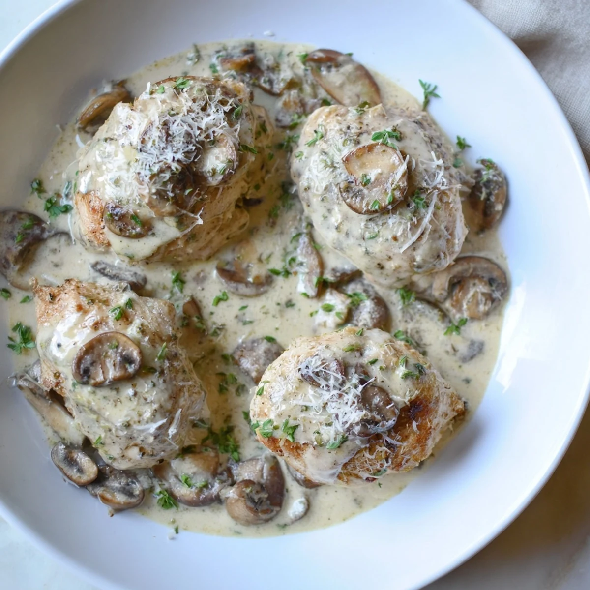 Golden chicken breasts and mushrooms swimming in the creamy sauce, this Creamy Garlic Mushroom Chicken looks delicious.