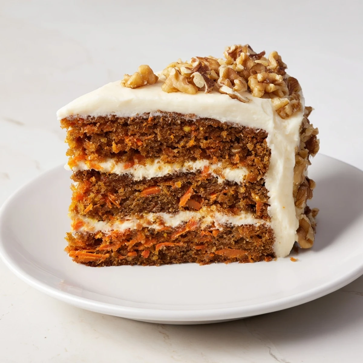 Moist spiced carrot cake with creamy cream cheese frosting, a delightful dessert.