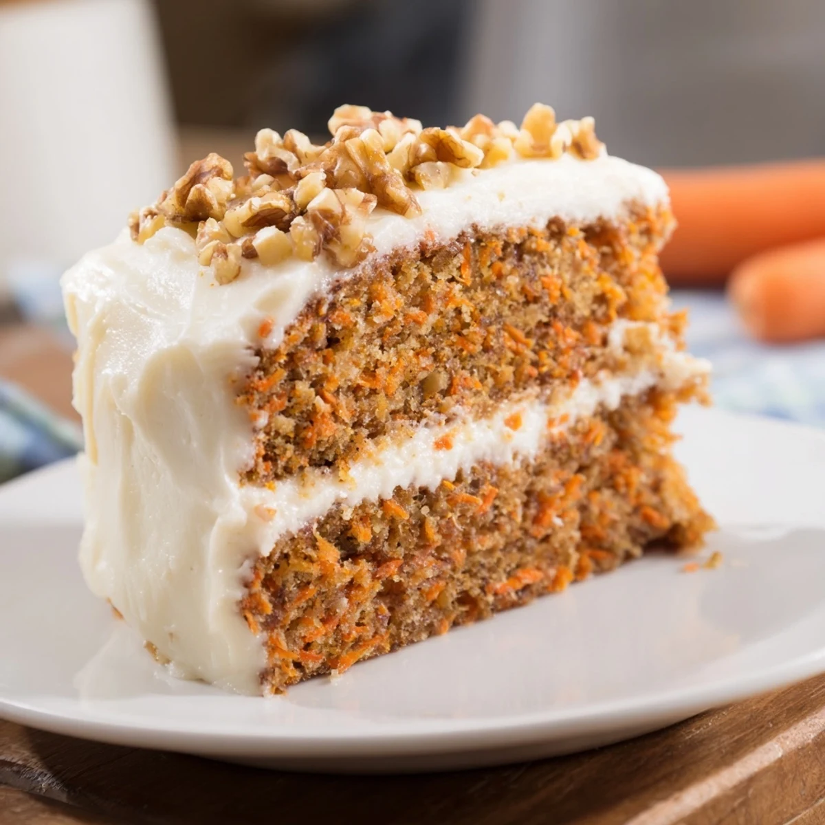 A slice of Spiced Carrot Cake, showing layers, flecked with carrots, ready to enjoy.