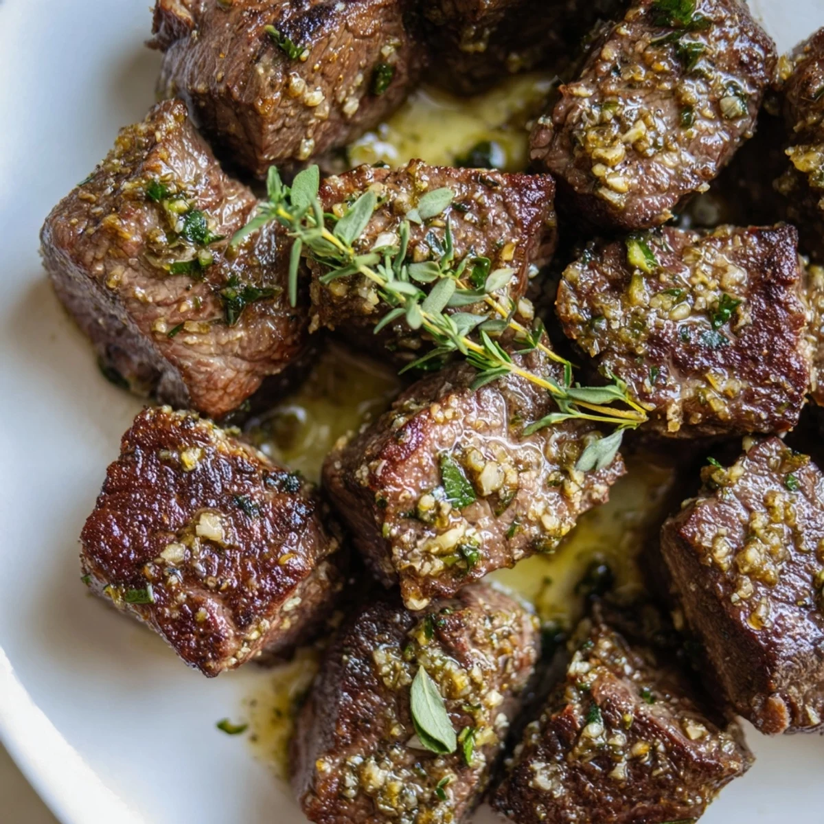 Juicy Garlic Butter Steak Bites glistens with a rich sauce, ready to serve with fresh parsley.