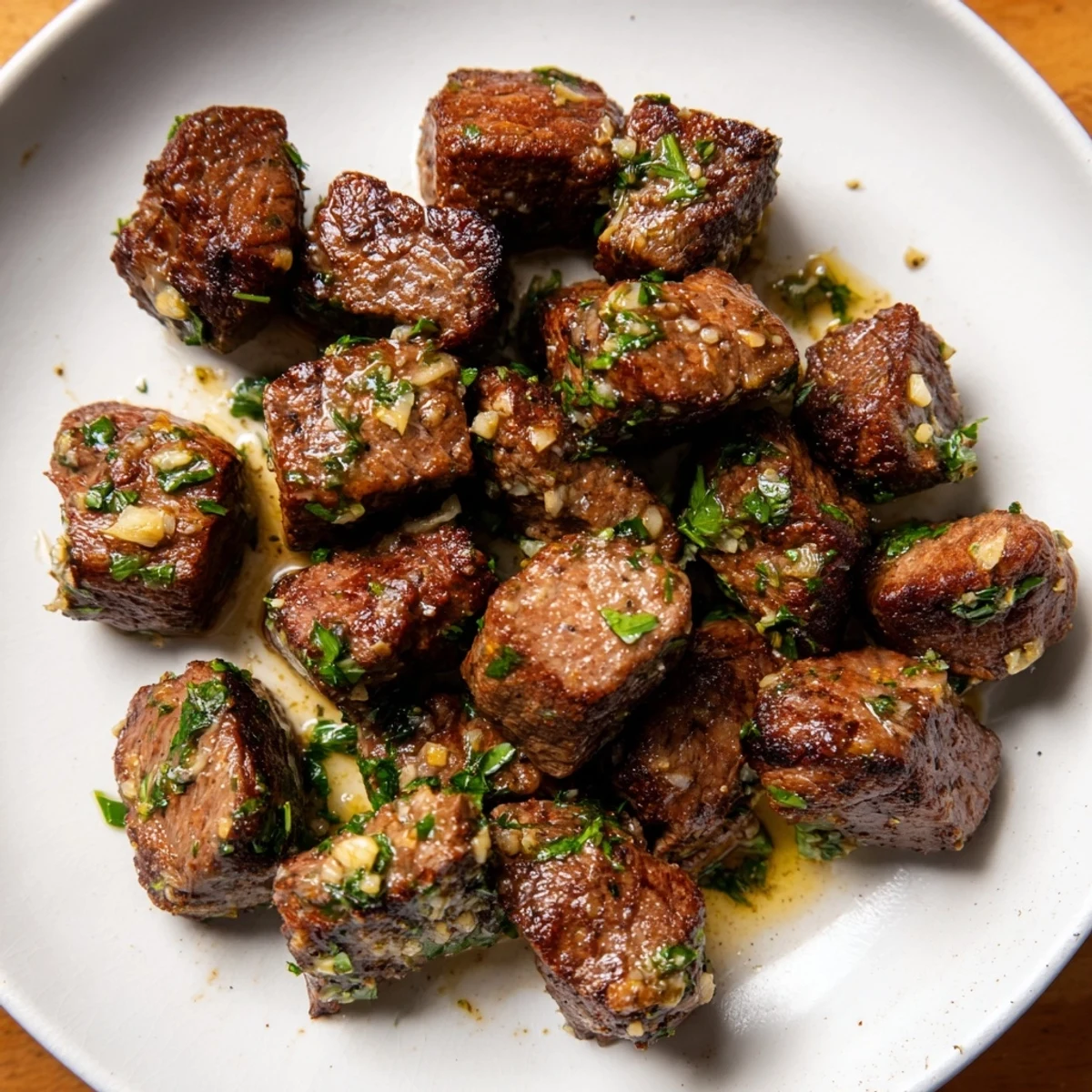 Golden-brown Garlic Butter Steak Bites sizzle in a skillet, showcasing the flavorful, tender meat.