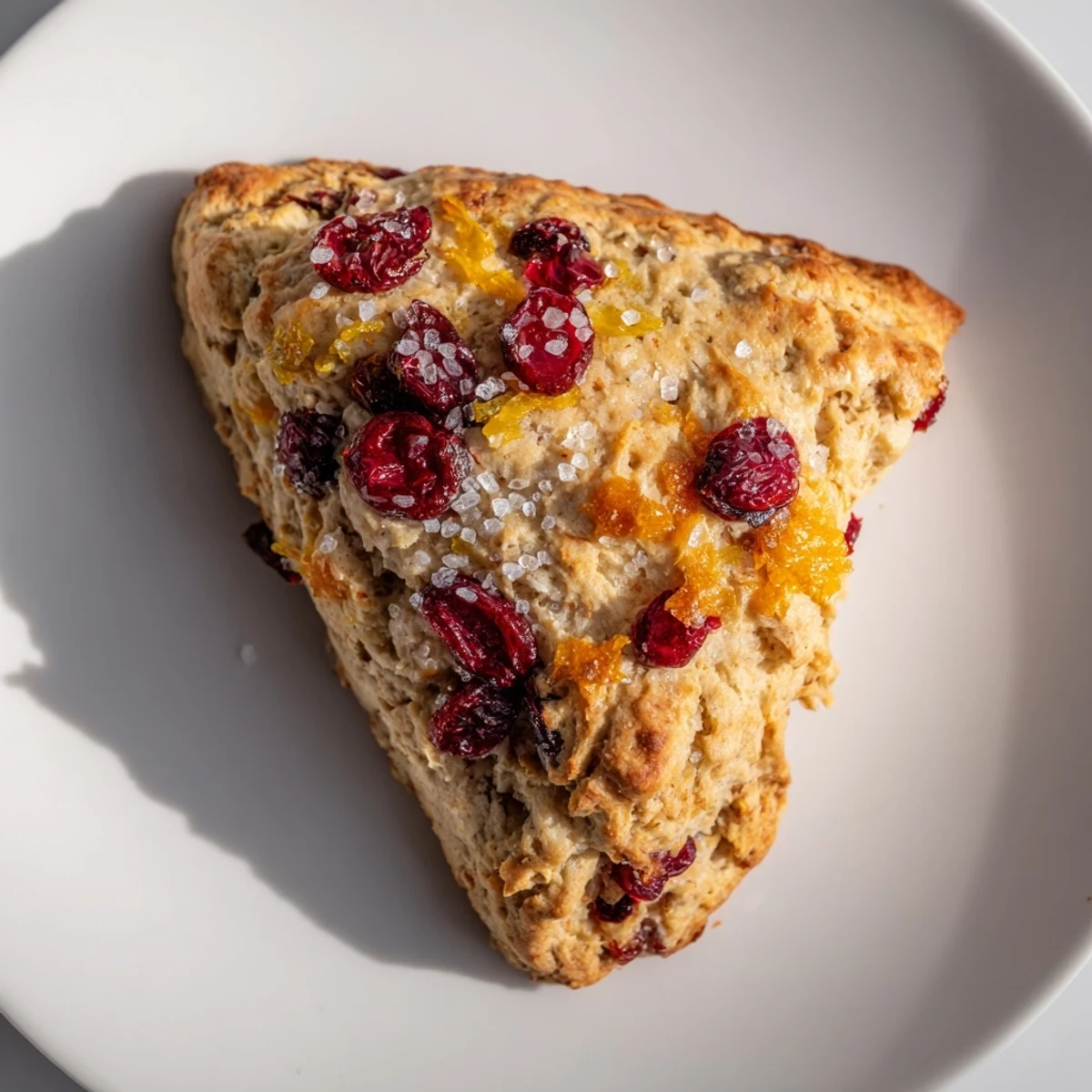Golden-brown cranberry orange scones, fresh from the oven, with a glistening sugar topping.