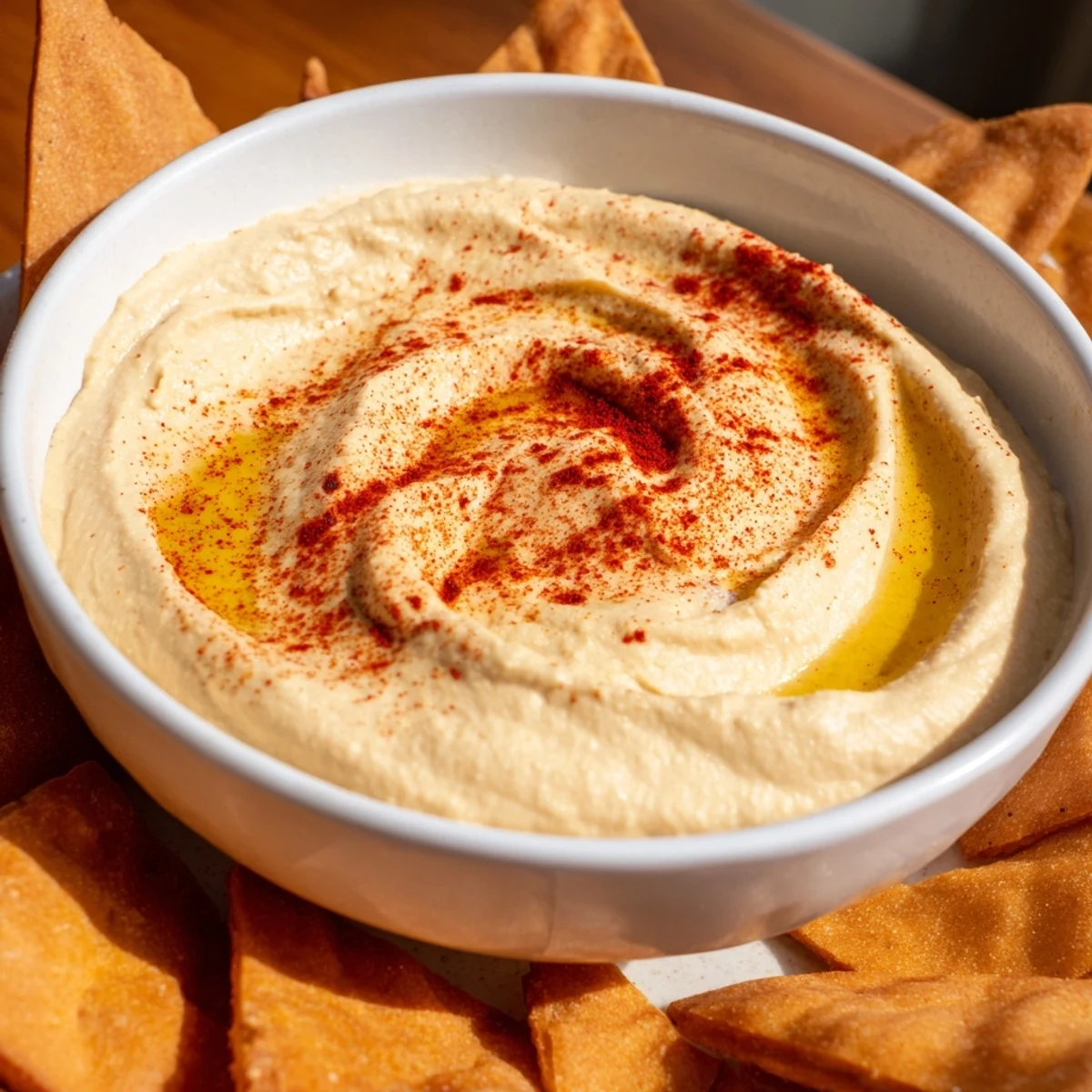 A close-up of creamy Classic Hummus, drizzled with olive oil and served with golden pita chips.