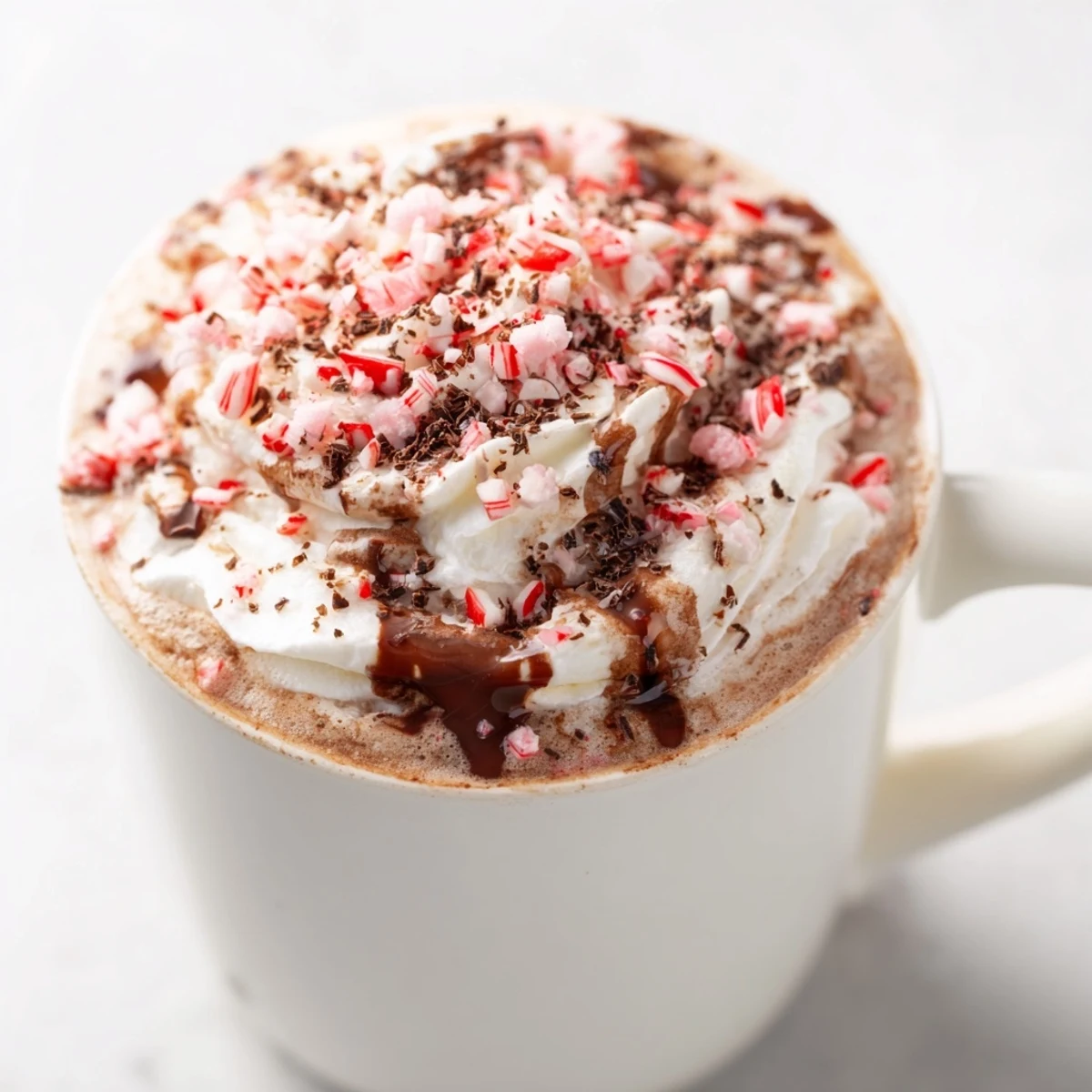 Steaming Peppermint Mocha Latte, a rich and chocolatey coffee, garnished with fluffy whipped cream and mint.