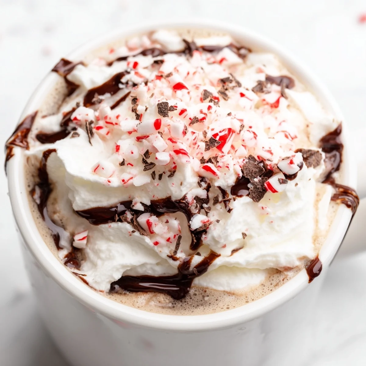 This warm mug of Peppermint Mocha Latte features decadent chocolate swirling with espresso and peppermint flavors.