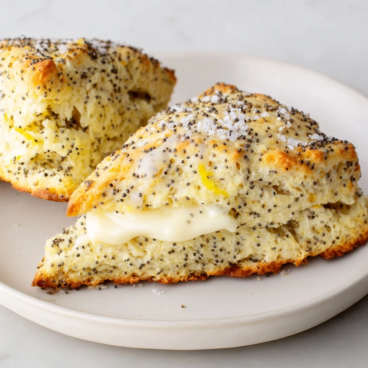 A close-up of buttery, flaky Lemon Poppy Seed Scones, drizzled with sweet lemon glaze for brunch.