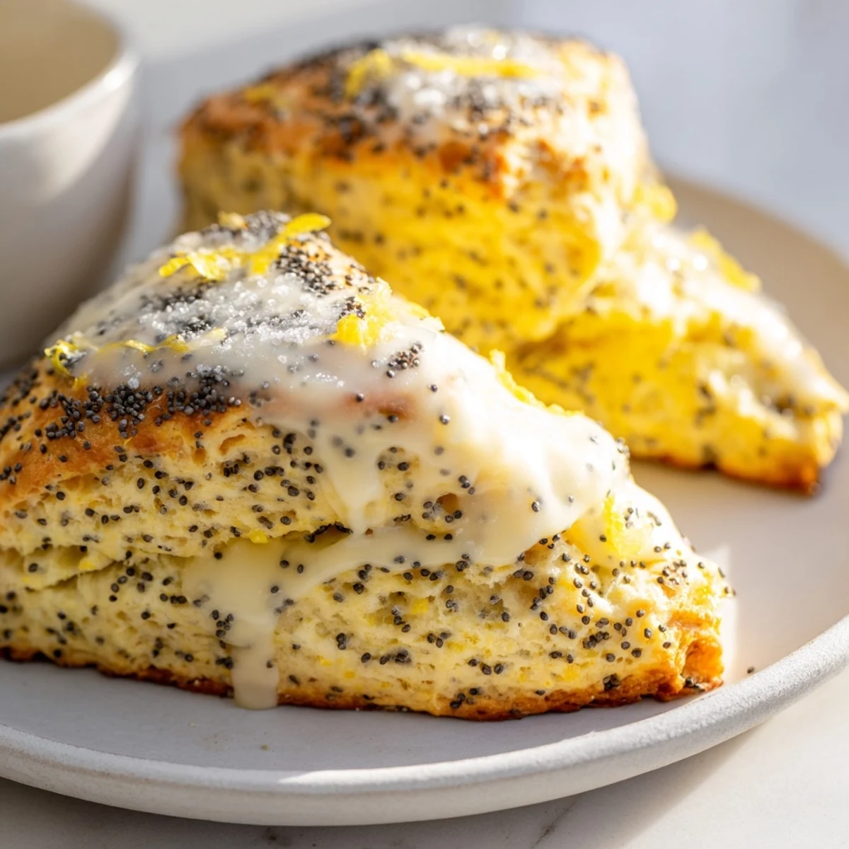 Fluffy Lemon Poppy Seed Scones, speckled with black seeds, perfect alongside a cup of coffee.