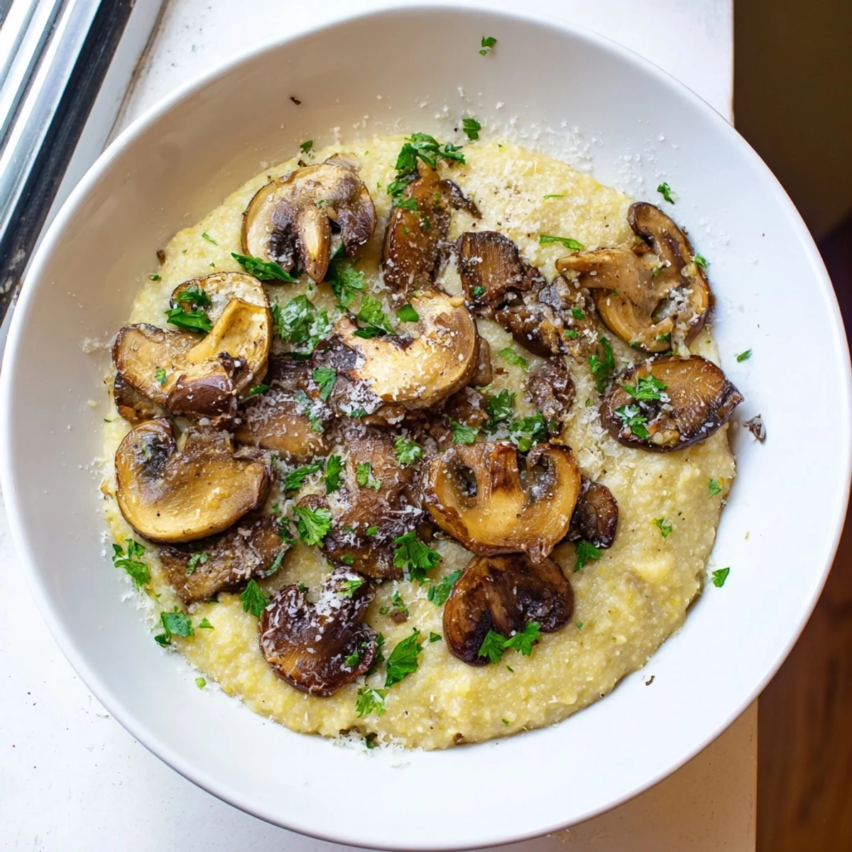 Flavorful creamy polenta with tender roasted mushrooms, garnished with fresh parsley, ready to eat.