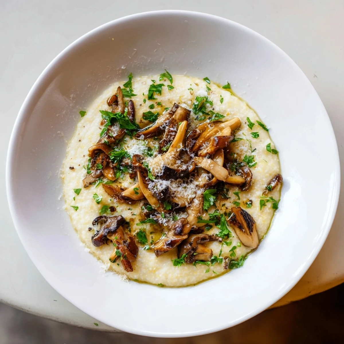 Close-up of golden polenta topped with vibrant roasted mushrooms, perfect for a vegetarian meal.