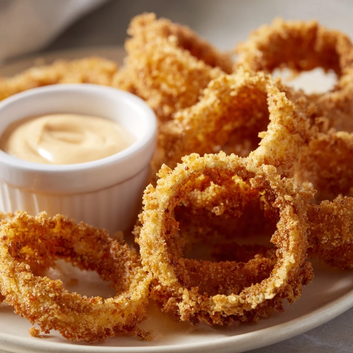 Golden-brown crispy onion rings, served with creamy dipping sauce, ready to be enjoyed.