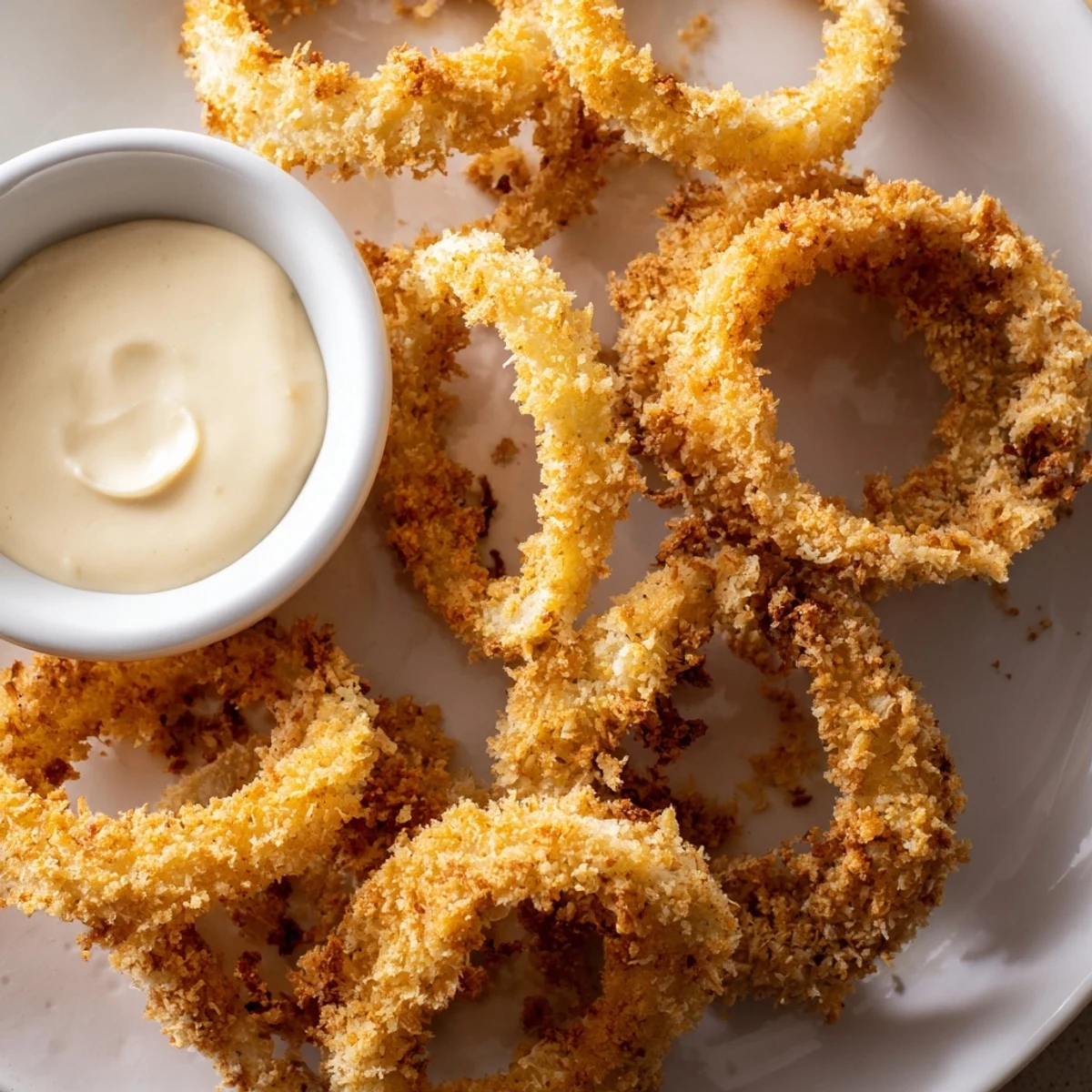 Delicious, homemade crispy onion rings, perfectly fried and ready for dipping and eating.