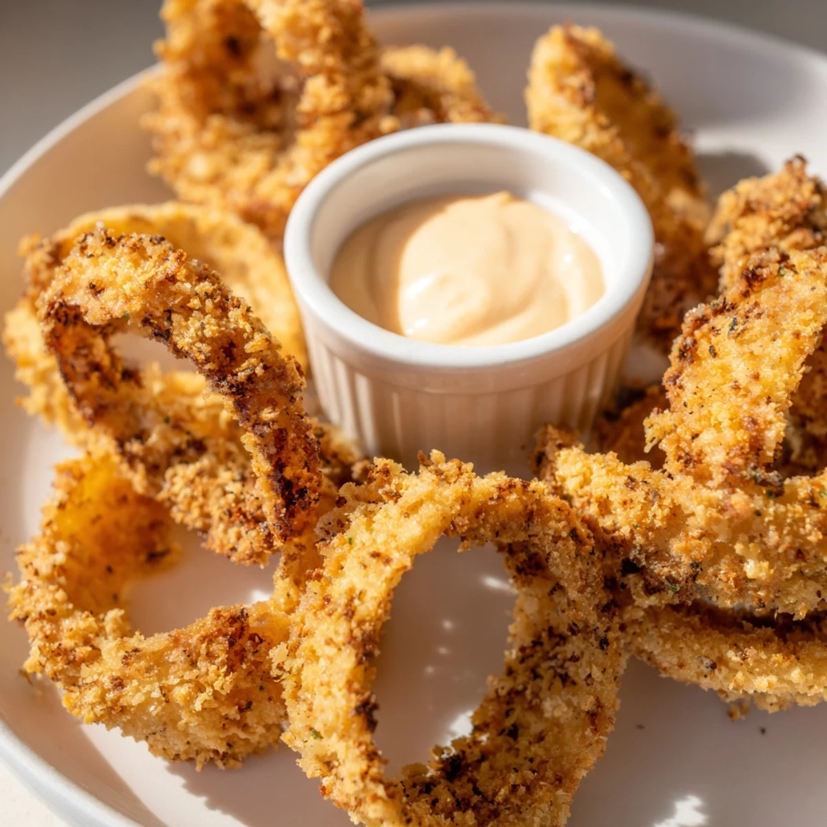 Hot, crispy onion rings with a flavorful batter, awaiting a taste test with the dipping sauce.